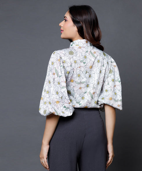 Puffed sleeve Button White Printed Blouse